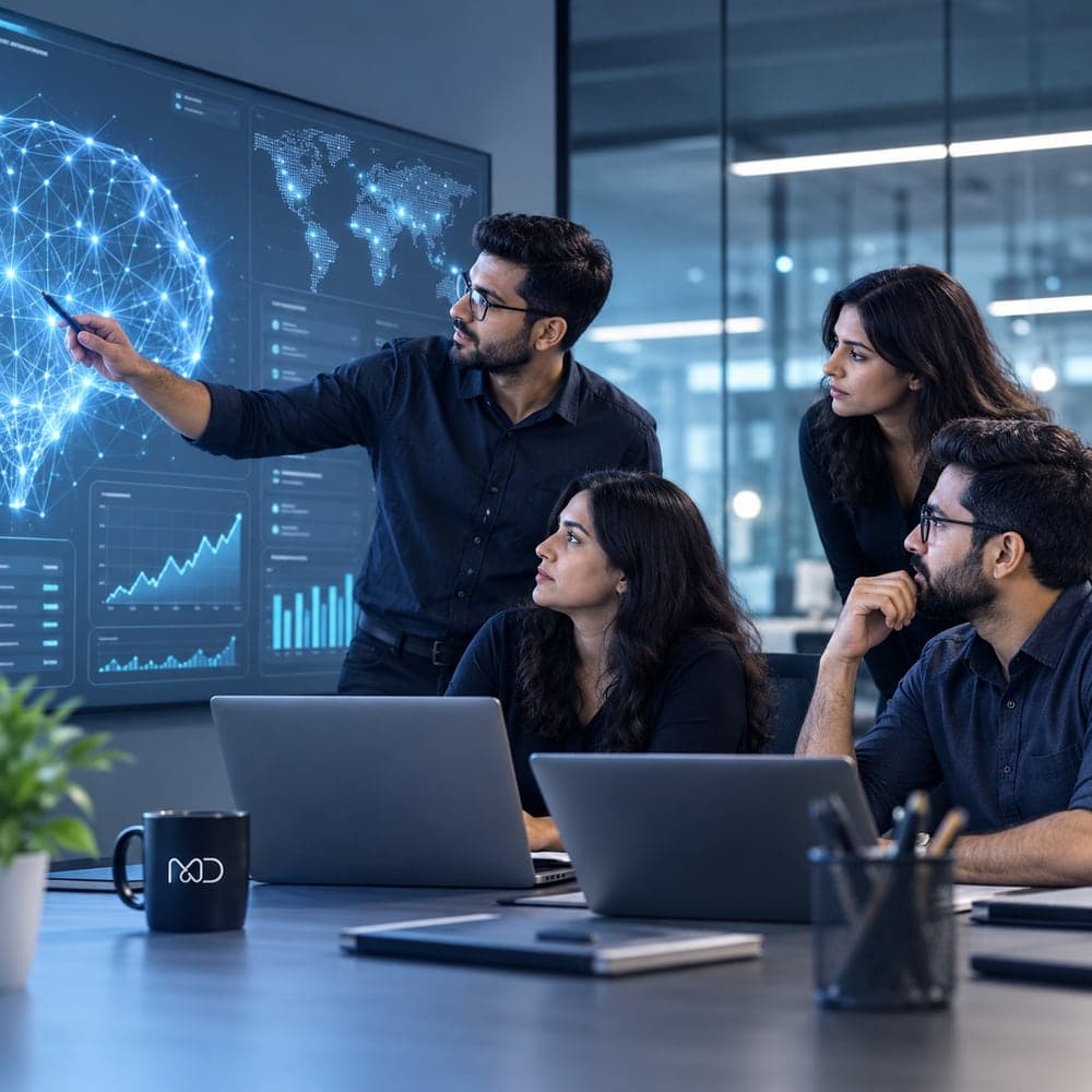 A Nomatic AI team reviewing an AI-powered analytics dashboard together in a modern office
